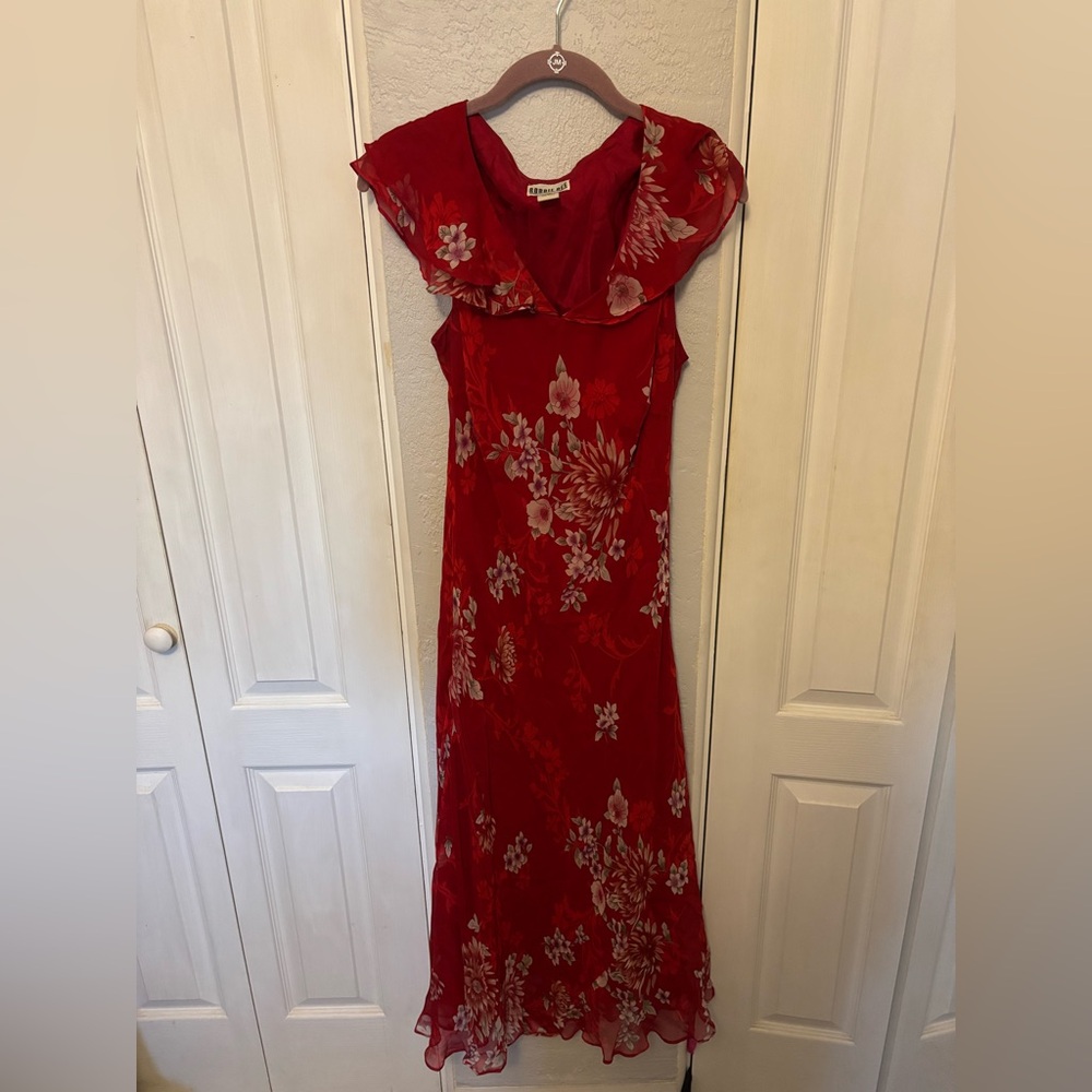 Bobbie Bee 100% Silk Red Floral Dress Bias Cut Floaty Sailor Collar Size 10 EUC
